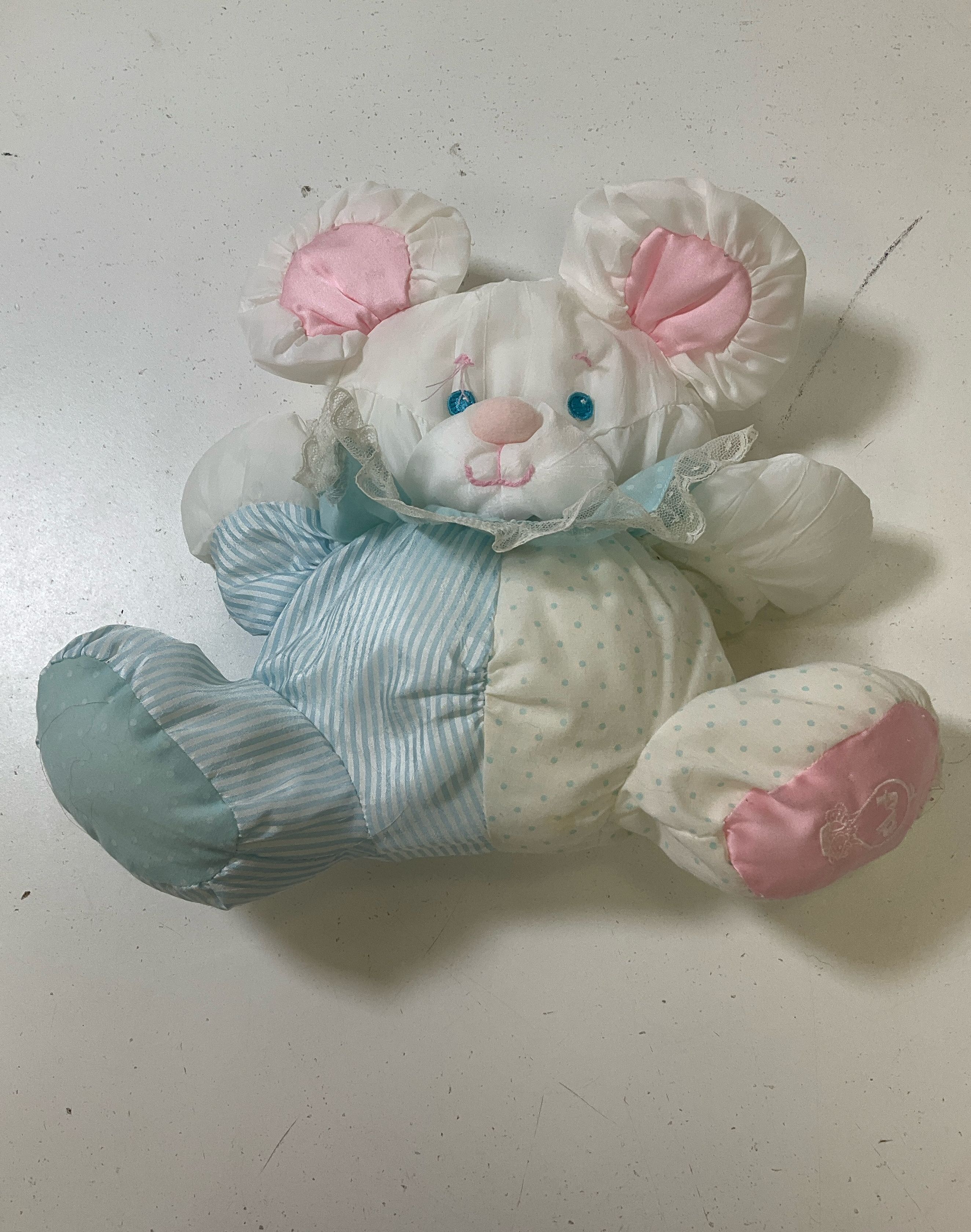 2 Vintage Fisher Price Puffalump Mouse Baby Rattle Stuffed Animals Yellow Blue