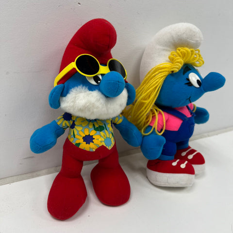 Vintage Smurfs Papa Smurf & Smurfette Plush Figure Toy Lot Wallace Berrie Style