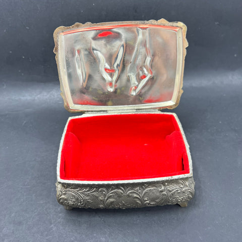 Vintage Silver Tone Courting Couple Repousse Jewelry Box Casket Red Velvet Japan