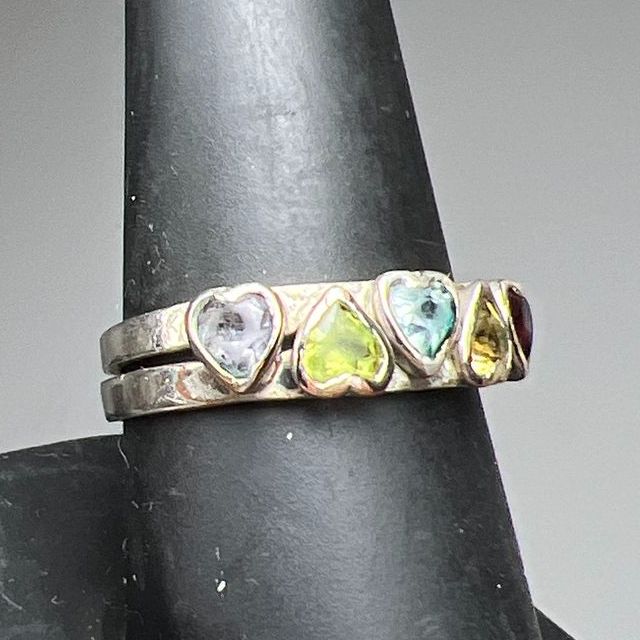 925 Sterling Silver Nesting Heart Gemstone Ring Size 8