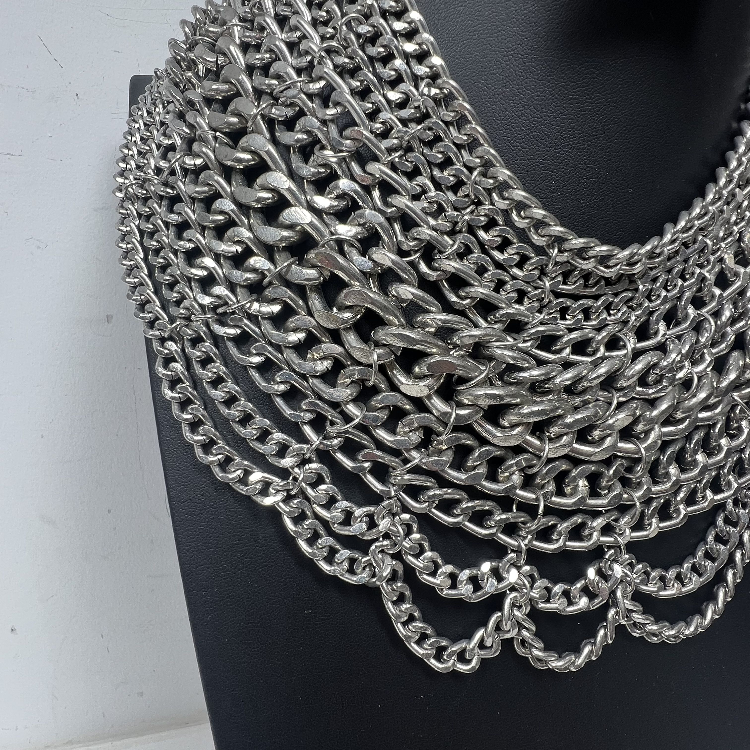 Natasha Silver Tone Multi Strand Chains Bib Choker Necklace