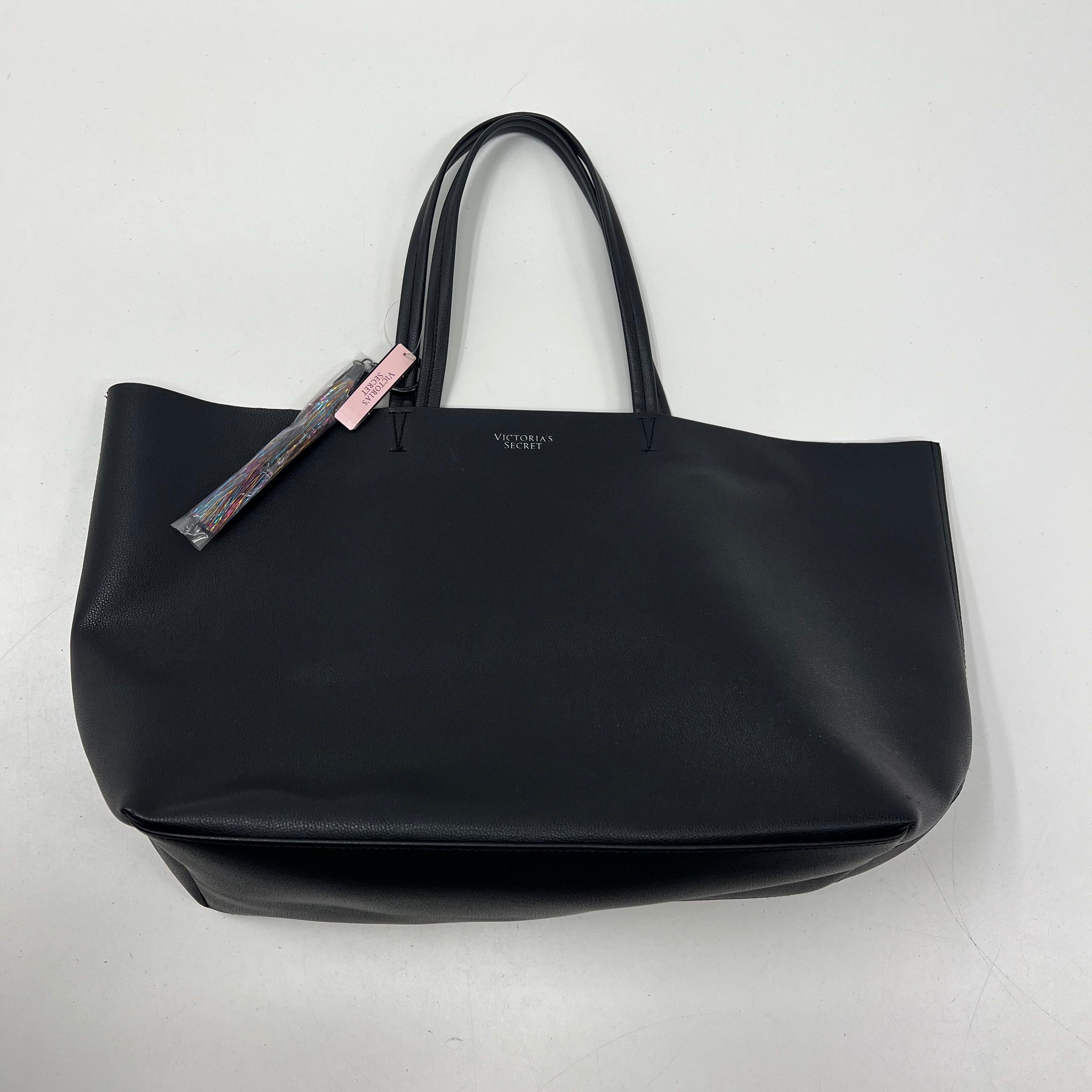 NWT Victoria Secret Large Tote Black Faux Leather Tinsel Tassel $99