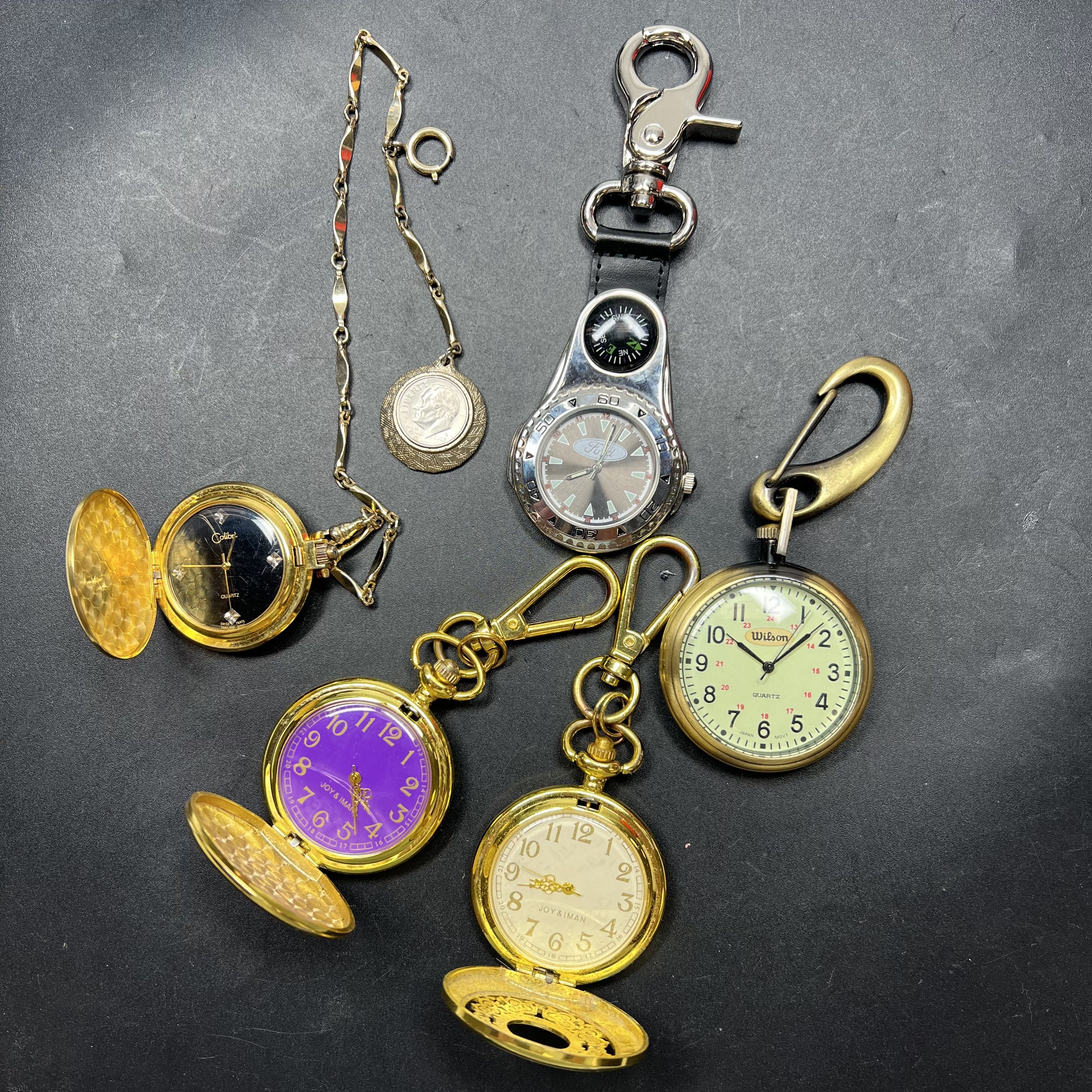 Lot of 5 Pocket Watches Clips Gold Tone Styles Vary UNTESTED