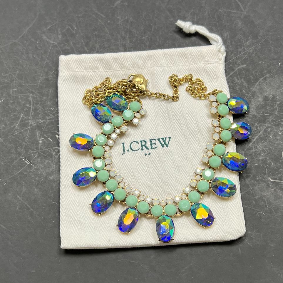 J. Crew Blue Iridescent Rhinestone Statement Necklace with Pouch