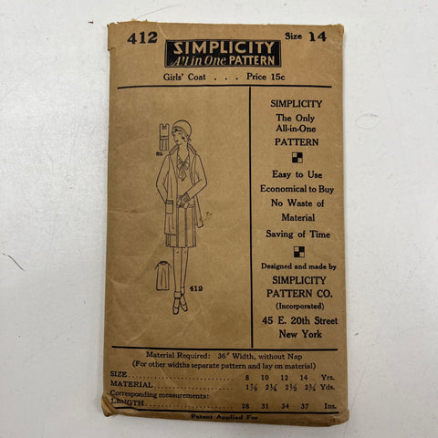 Antique 1920s Simplicity 412 All-In-One Girls' Coat Sewing Pattern Size 14