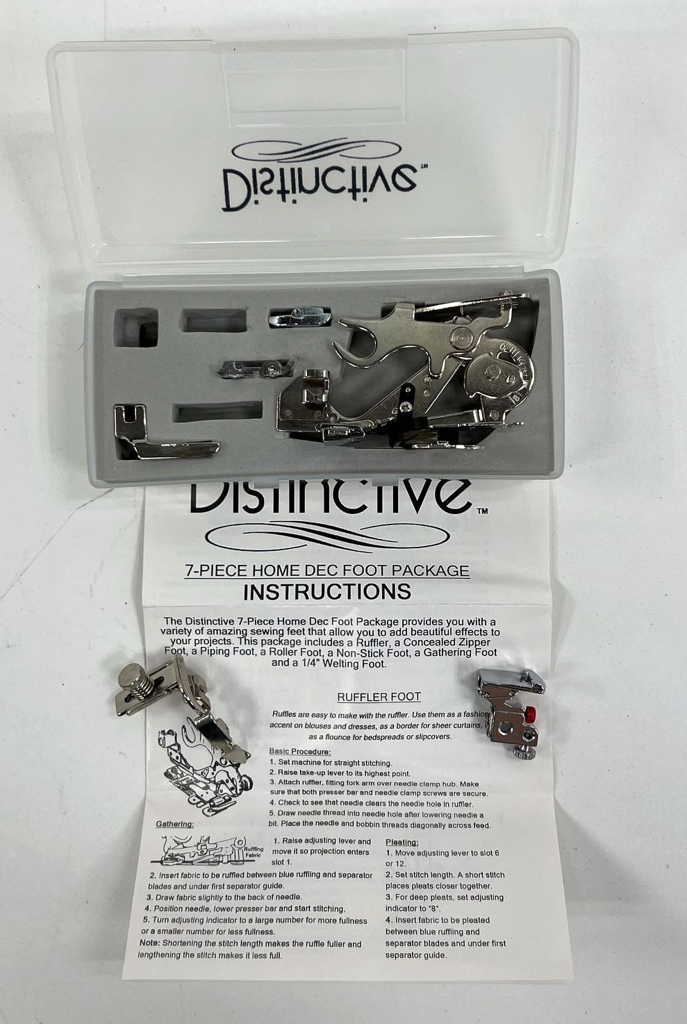 Distinctive Sewing 3-Pc Rolled Hem Foot Set & 7-Pc Home Dec Foot Set in Cases