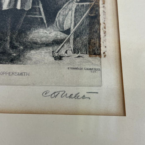 Antique C.H. Waters Pencil Signed Etching "The Coppersmith" After E.M. Ward