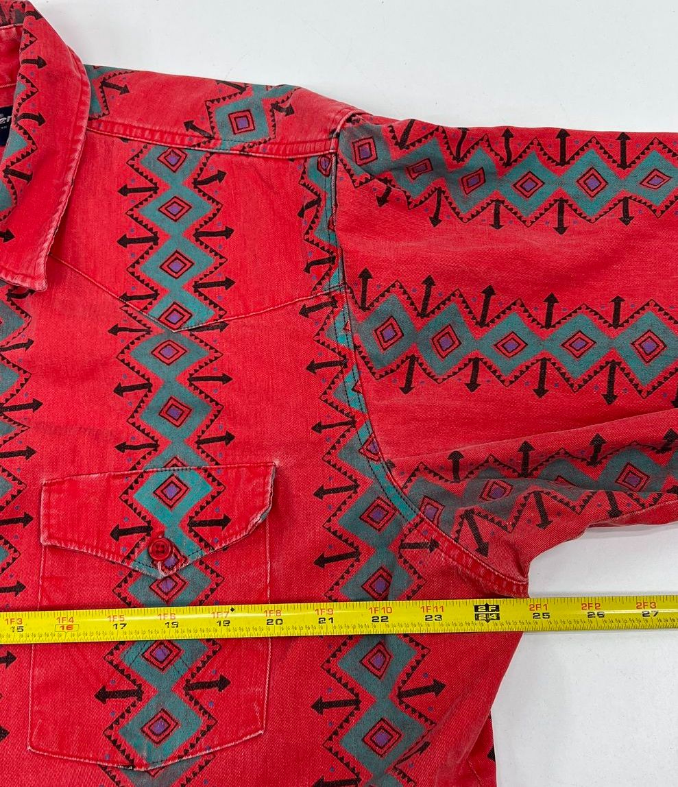 Vintage Wrangler Brushpopper Western Shirt Red Aztec Southwestern Print Cotton