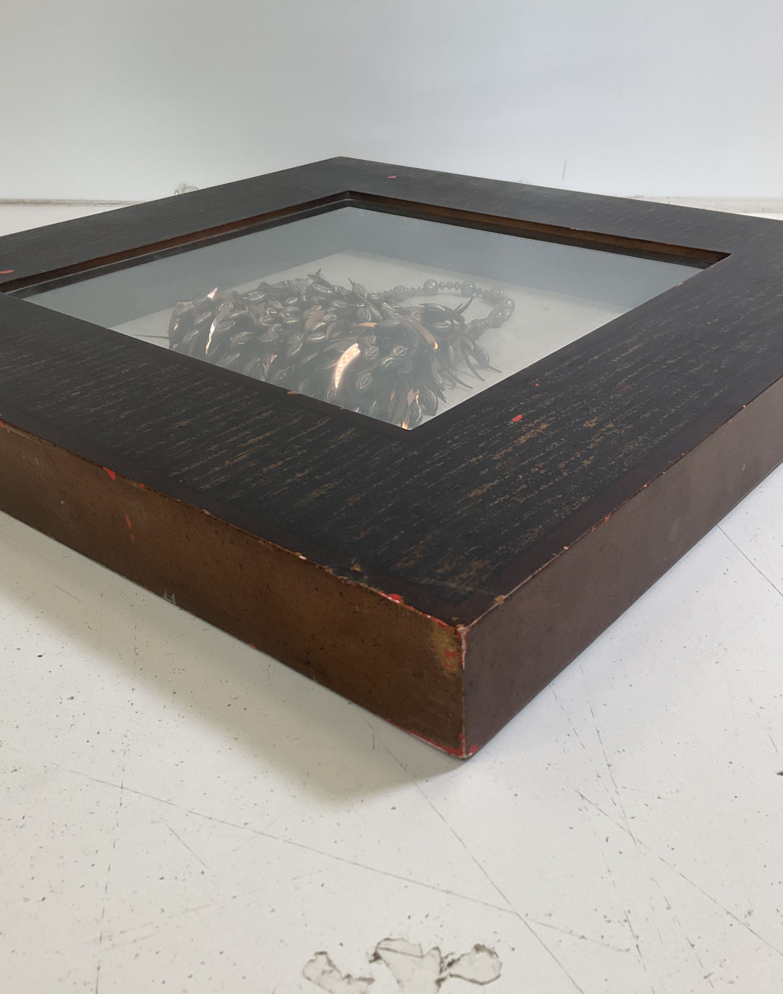 European Antique Bag Replica Black Gold Wood Glass Fabric Metal Shadow Box Art