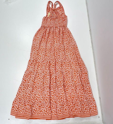NWT Max Studio Orange White Floral Tiered Smocked Maxi Dress Women's Size S