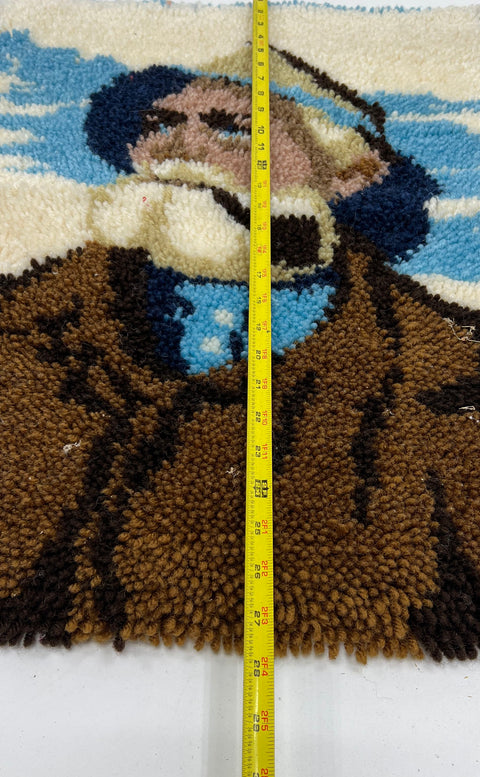 Vintage 70s Handmade Latch Hook Rugs Lot of 2 Fisherman & Monogram B Wall Art