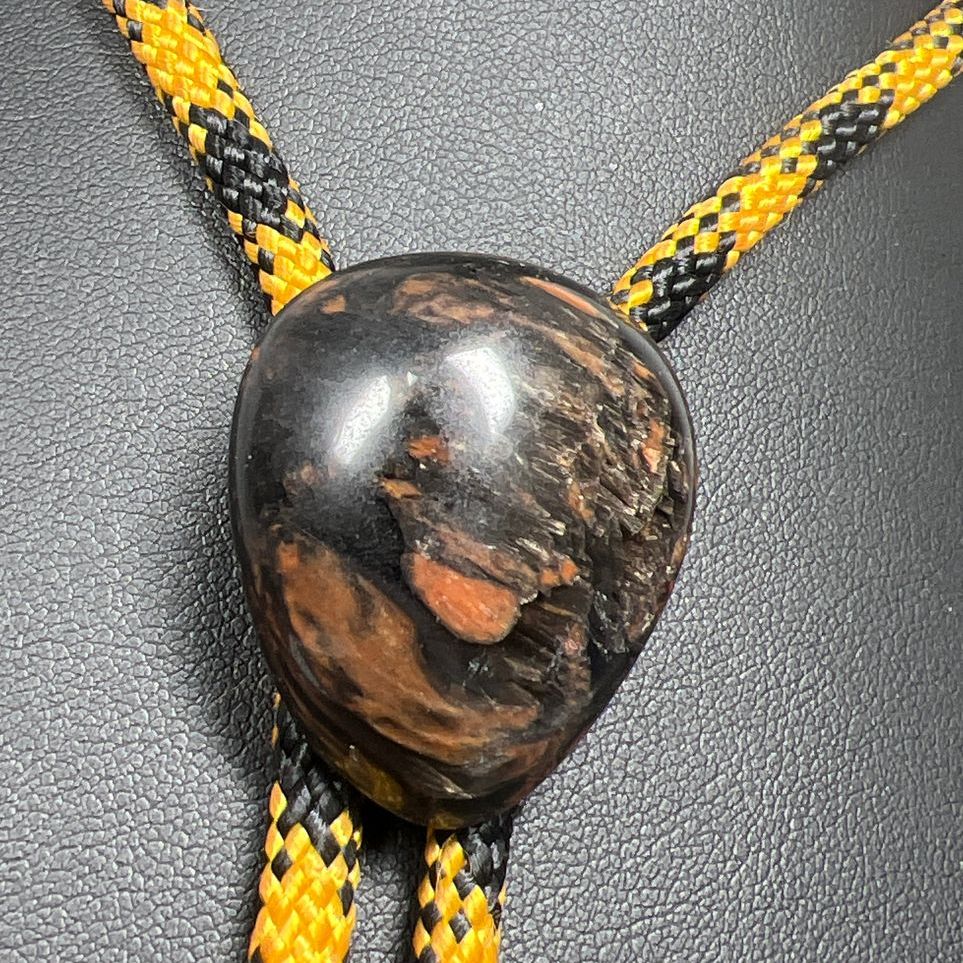 Brown Black Shimmering Labradorite Stone Orange Black Cord Bolo Tie