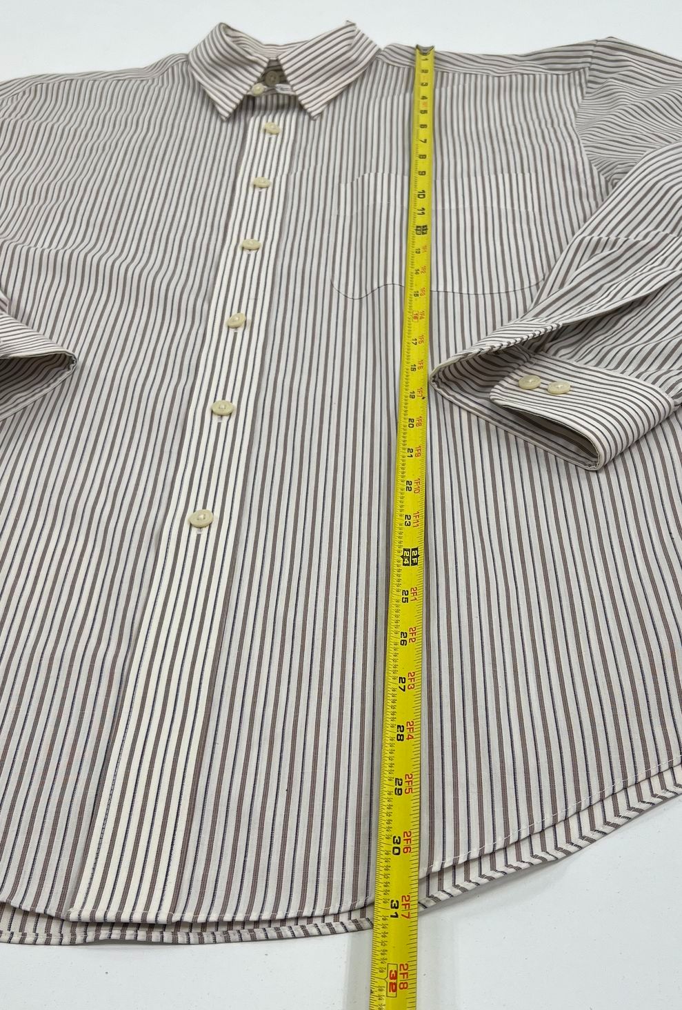 VTG Men's Yves Saint Laurent Beige Striped Long Sleeve Button Up - Size 32-33