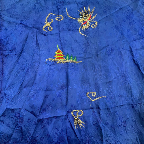 Vintage Japanese Dragon Embroidered Souvenir Robe Jacket Blue Rayon Mid-Century