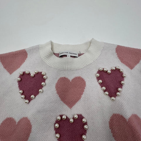 English Factory White Pink Heart Print Faux Pearl Knit Sweater Women's M