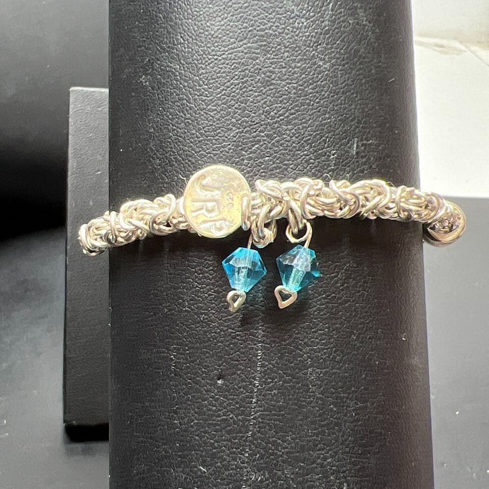 925 Sterling Silver Byzantine Chain Bracelet with Blue Rhinestone Beads