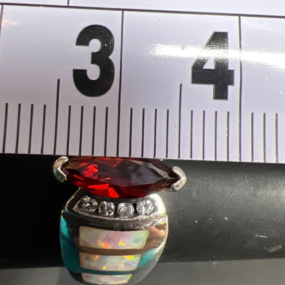 925 Sterling Silver Red & Clear Rhinestone Opal Inlay Ring Size 5 5.22g