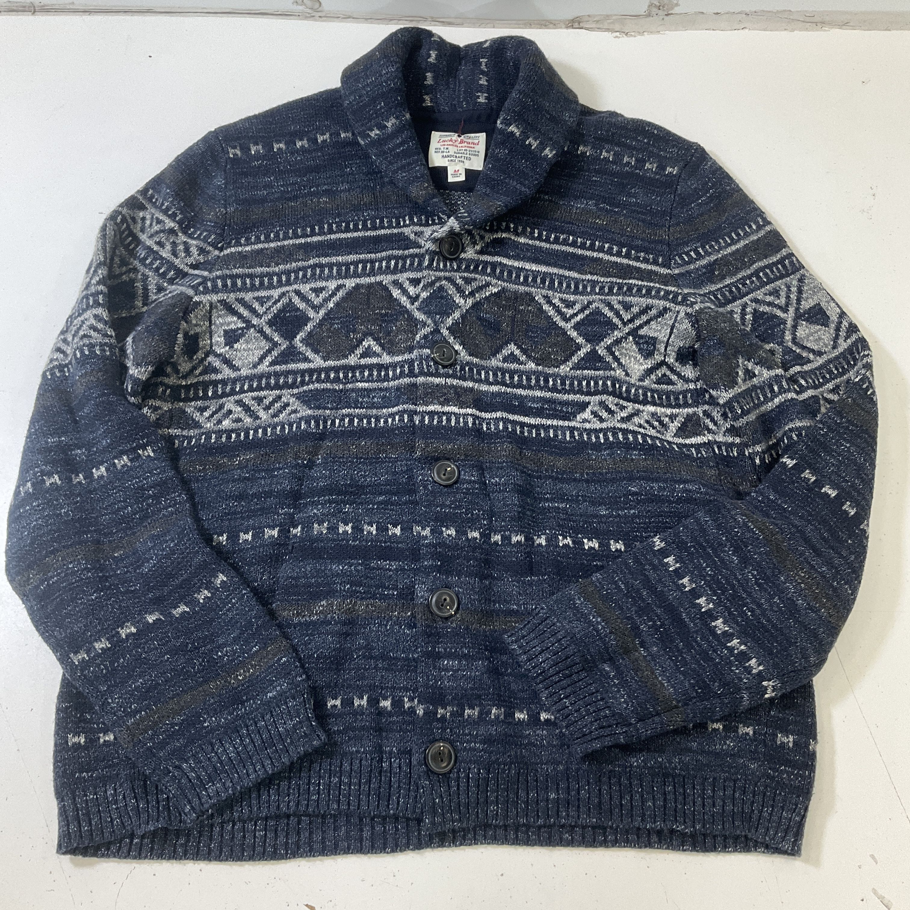 Lucky Brand Men's Blue Southwestern Pattern Shawl Neck Cardigan Size Medium