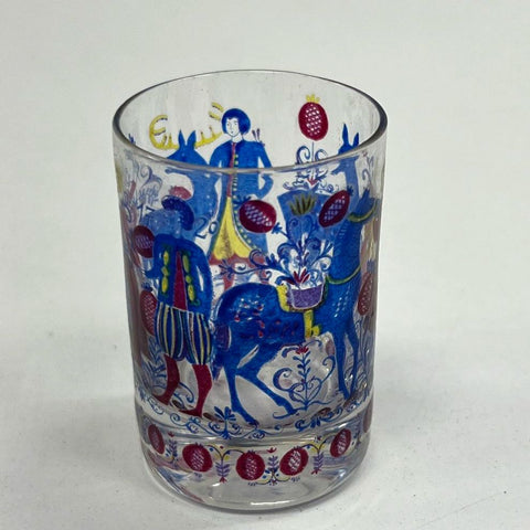 Alfred Taube Folk Art Rocks Glasses Set of 5 Red Blue Yellow Vintage MCM