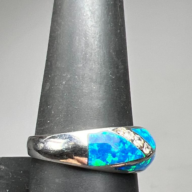 925 Sterling Silver Blue Opal Inlay Ring Size 9 4.72g
