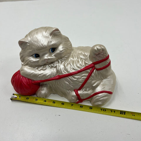Vintage Ceramic Persian Cat Figurine Playing w/ Red Yarn Pearlescent Finish