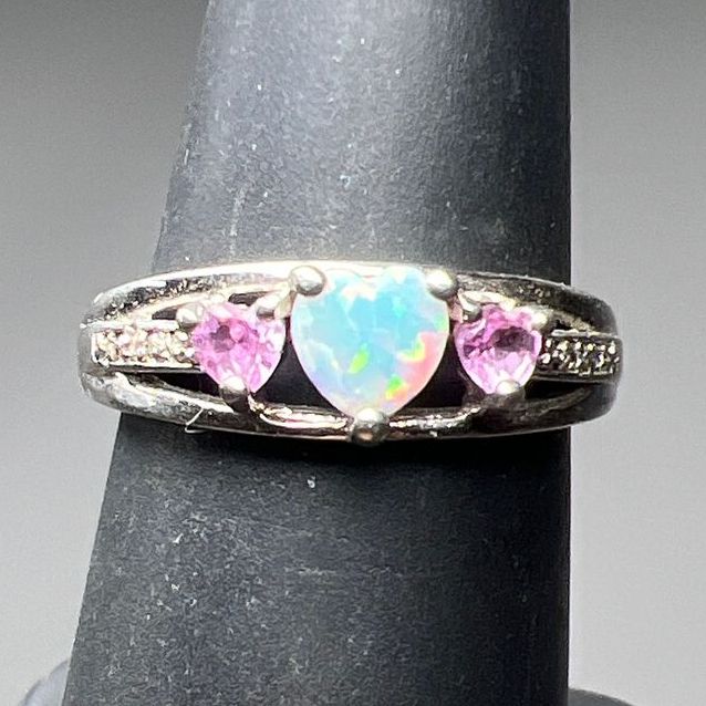 925 Sterling Silver Heart Opal, Pink Topaz & Sapphire Accent Ring Size 5.75g