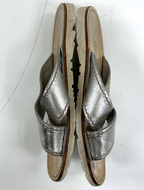 Prada Metallic Silver Leather Criss Cross Platform Slide Sandals Size 37