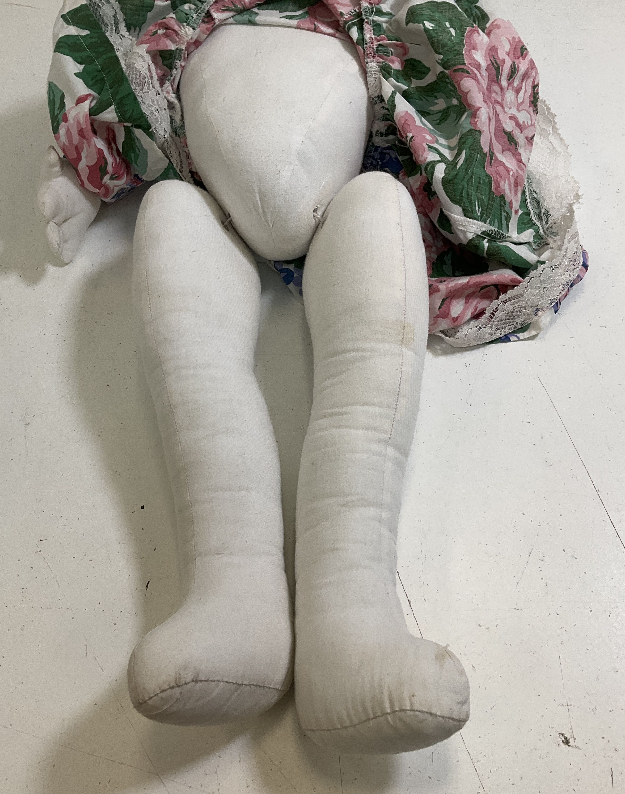 Vintage Handsewn Folk Art Cloth Rag Doll 16" Painted Face Floral Dress