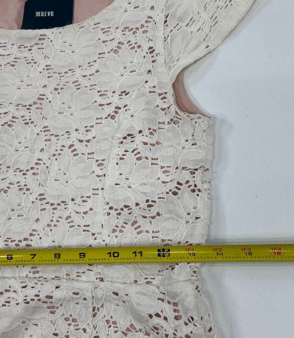 Women's Maeve by Anthro Cream Lace Pink Lining Cap Sleeve Dress - Size Small