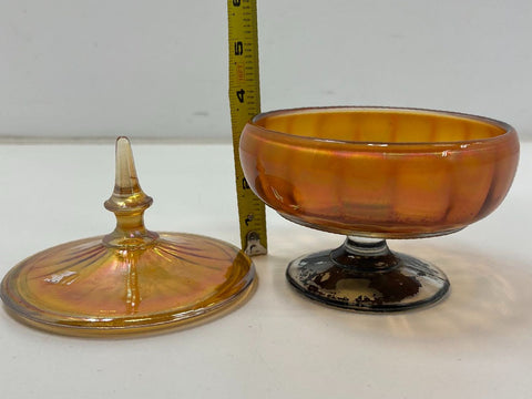 Vintage Marigold Carnival Glass Ribbed Lidded Candy Dish Compote