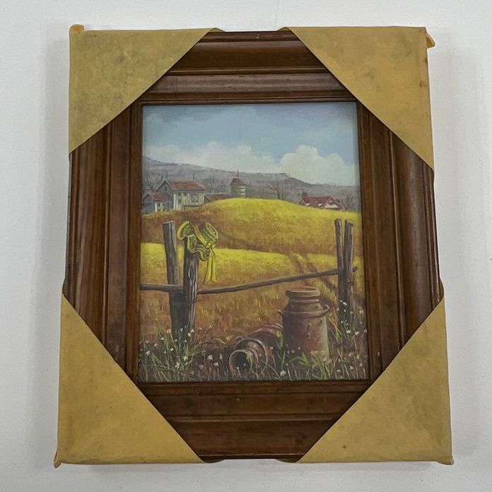 Vintage Wooden Framed Dairy Farm Fence Scene Print Unsigned Wrapped