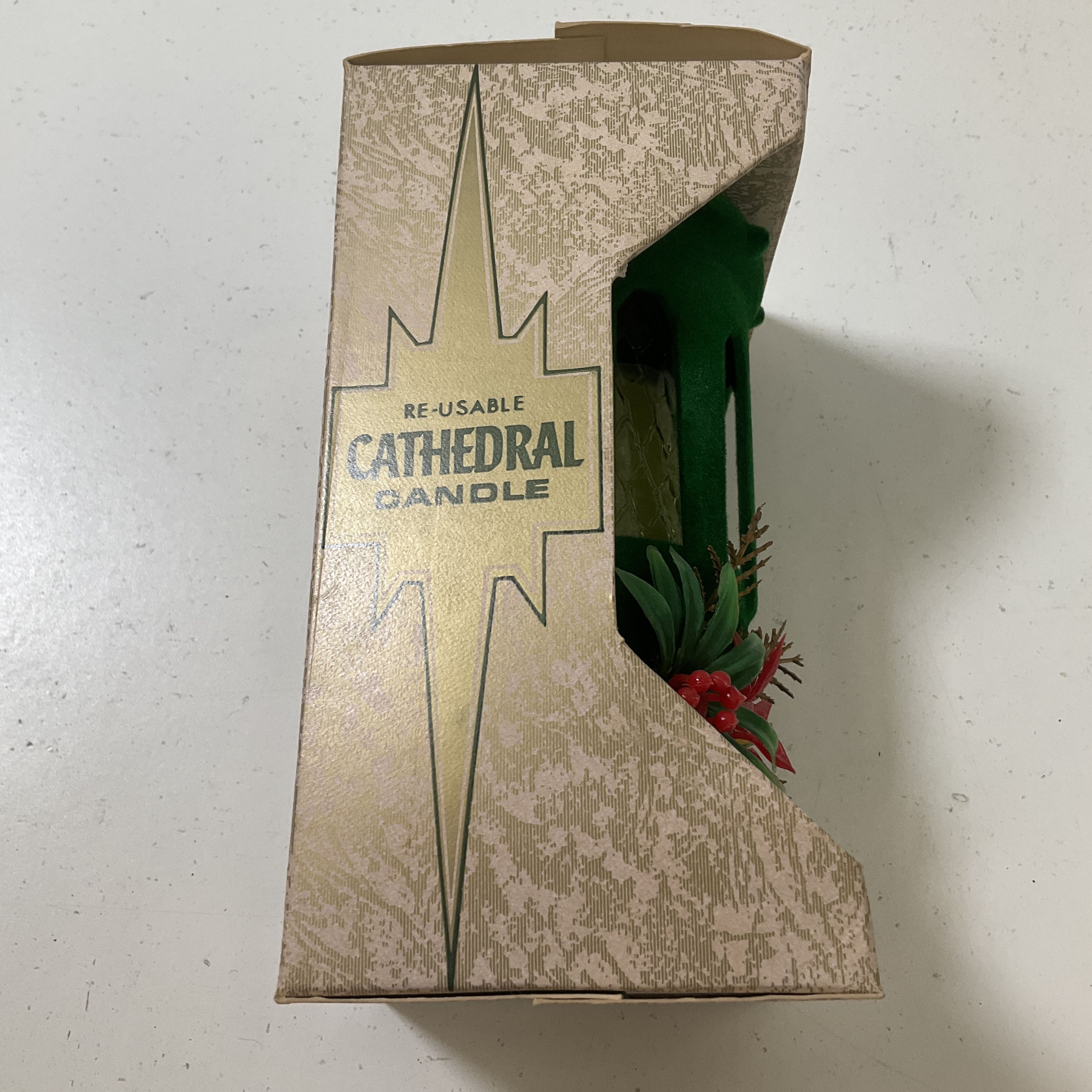 Vintage Green Flocked Cathedral Candle Christmas Decor EF Laurence Co Unused IOB