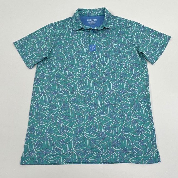 Men's Pins & Aces Turquoise Tropical Print Short Sleeve Polo Size Medium