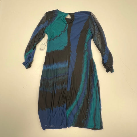 DKNY NWT Teal Glass Abstract Print Ruched Mesh Sleeve Sheath Dress Sz 10P