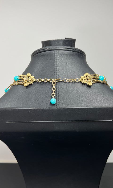 Vintage Lot 4pc Mid-Century Teal Blue Costume Jewelry Necklaces Clip On Earrings