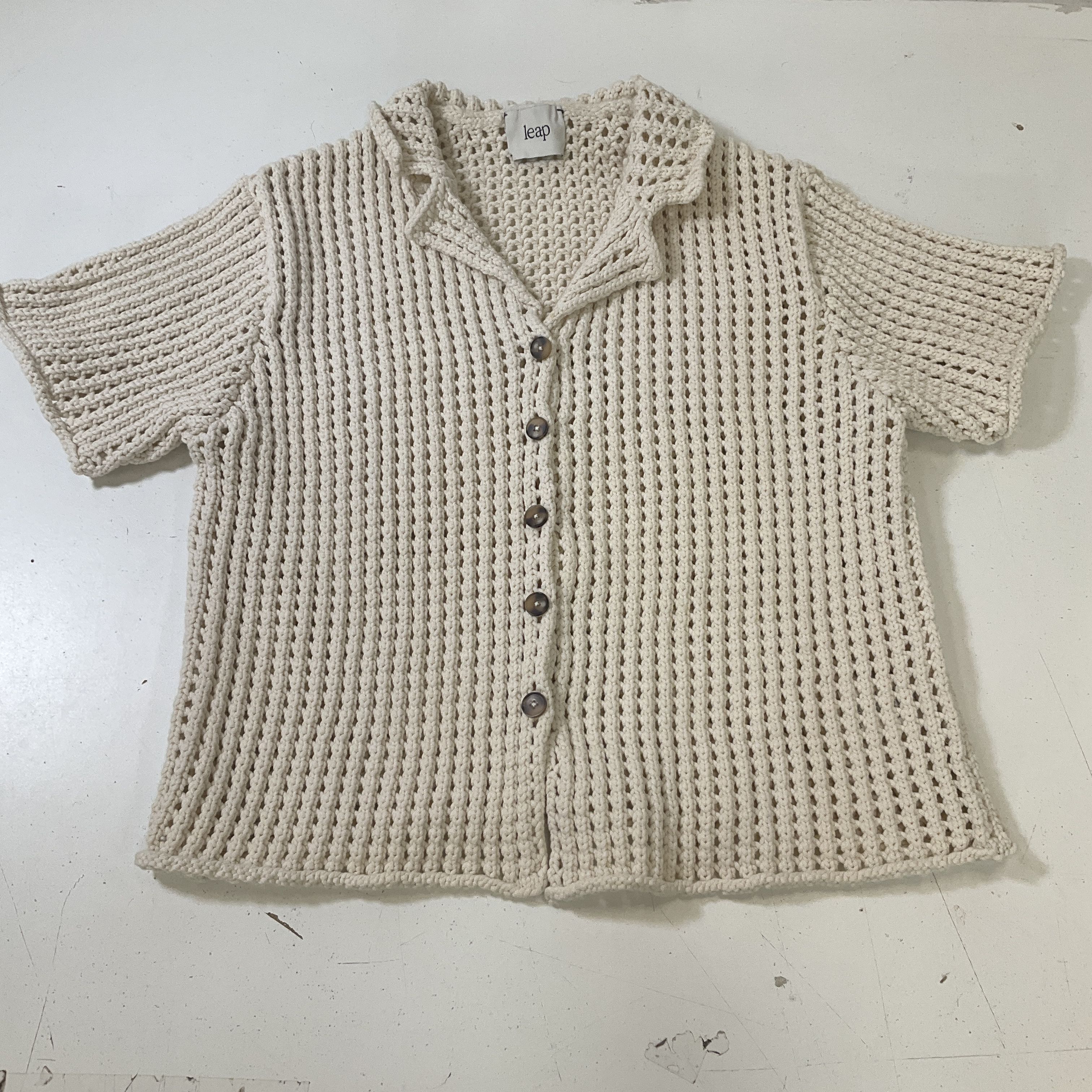 Leap Concept Women's Ecru Argos Open Knit Crochet Short Sleeve Cardigan Size M