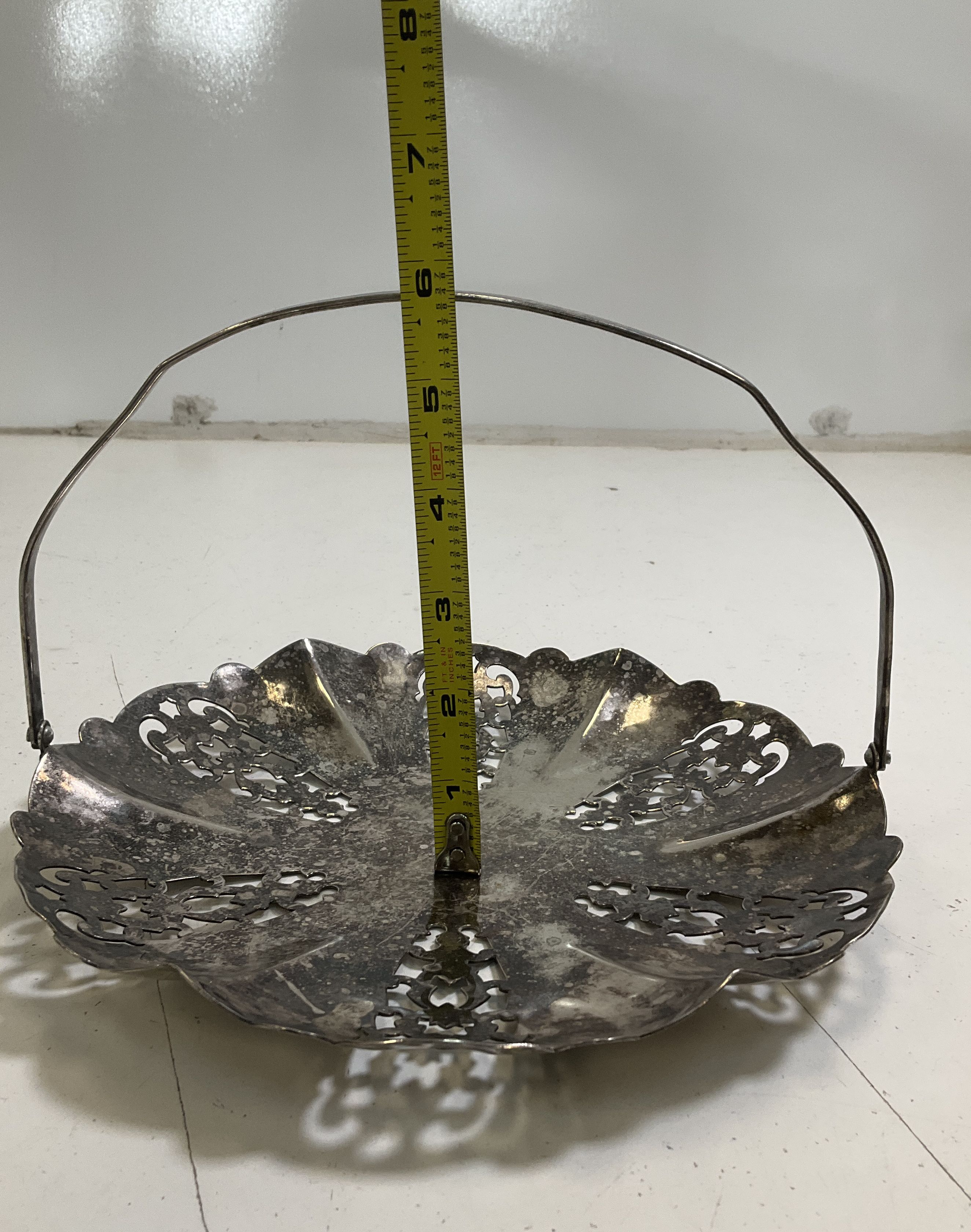 Vintage Silver Plated Reticulated Wedding Basket Pierced Dish w/ Handle 8.5"
