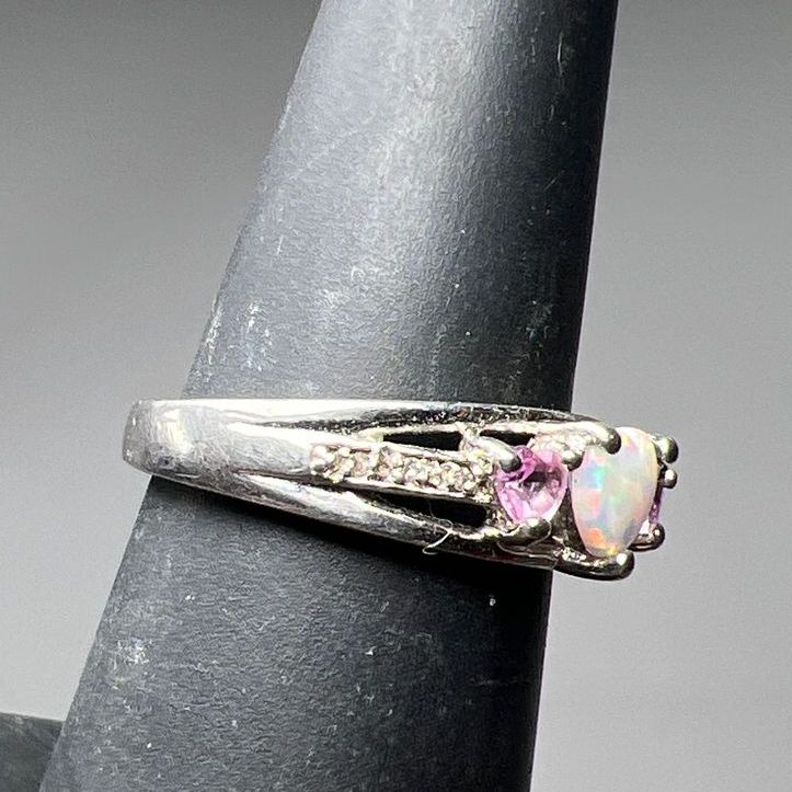 925 Sterling Silver Heart Opal, Pink Topaz & Sapphire Accent Ring Size 5.75g