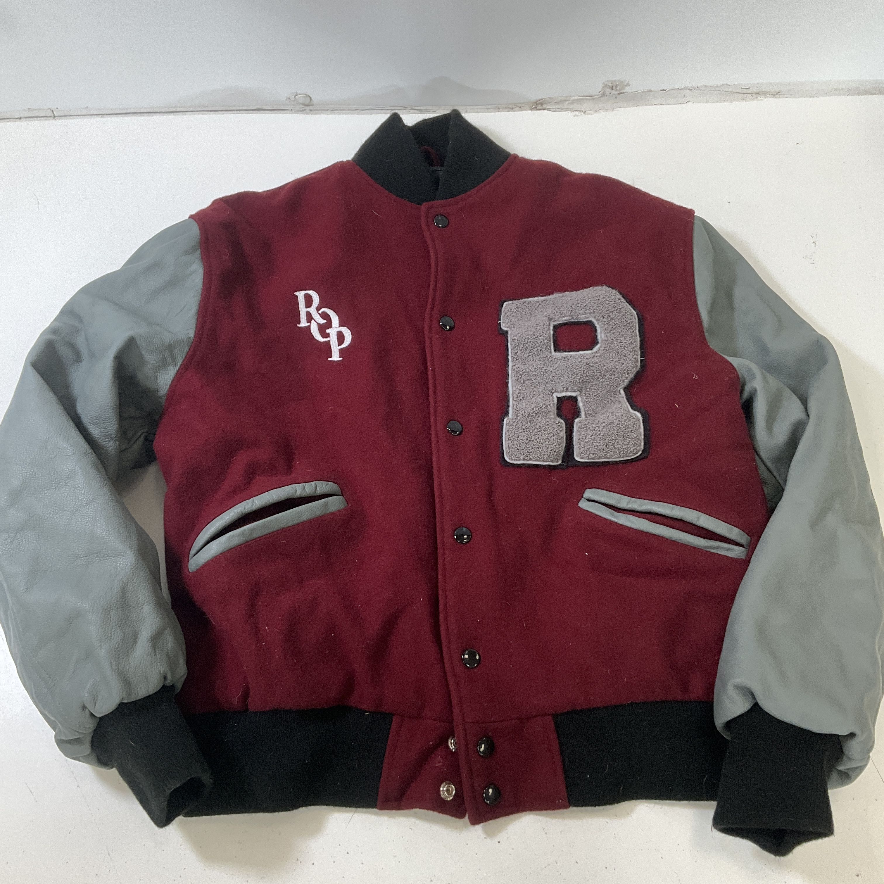 Meca Men's Maroon & Gray Wool Leather Letterman Jacket Size Large