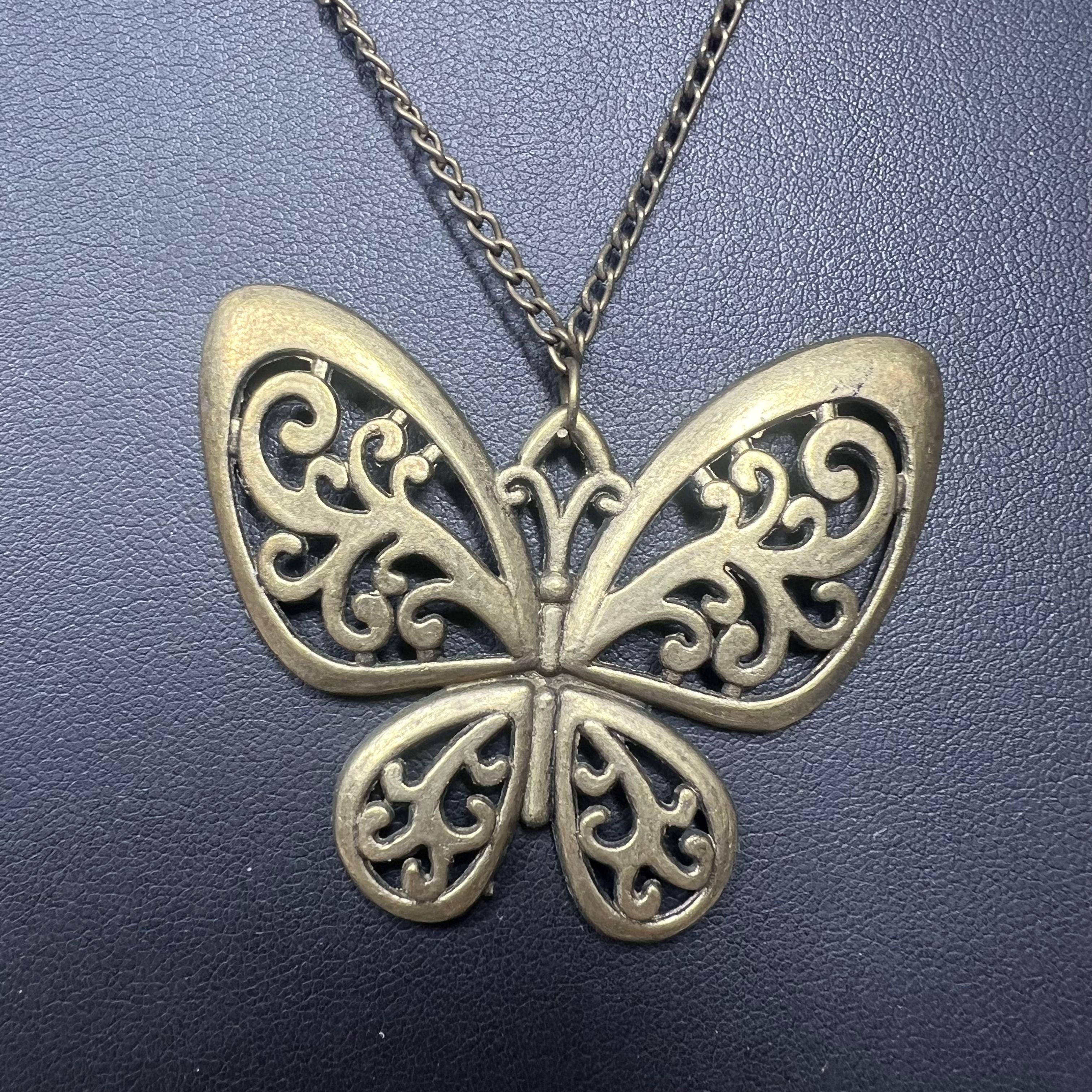 Vintage Filigree Butterfly Pendant Necklace 1960s Gold Tone