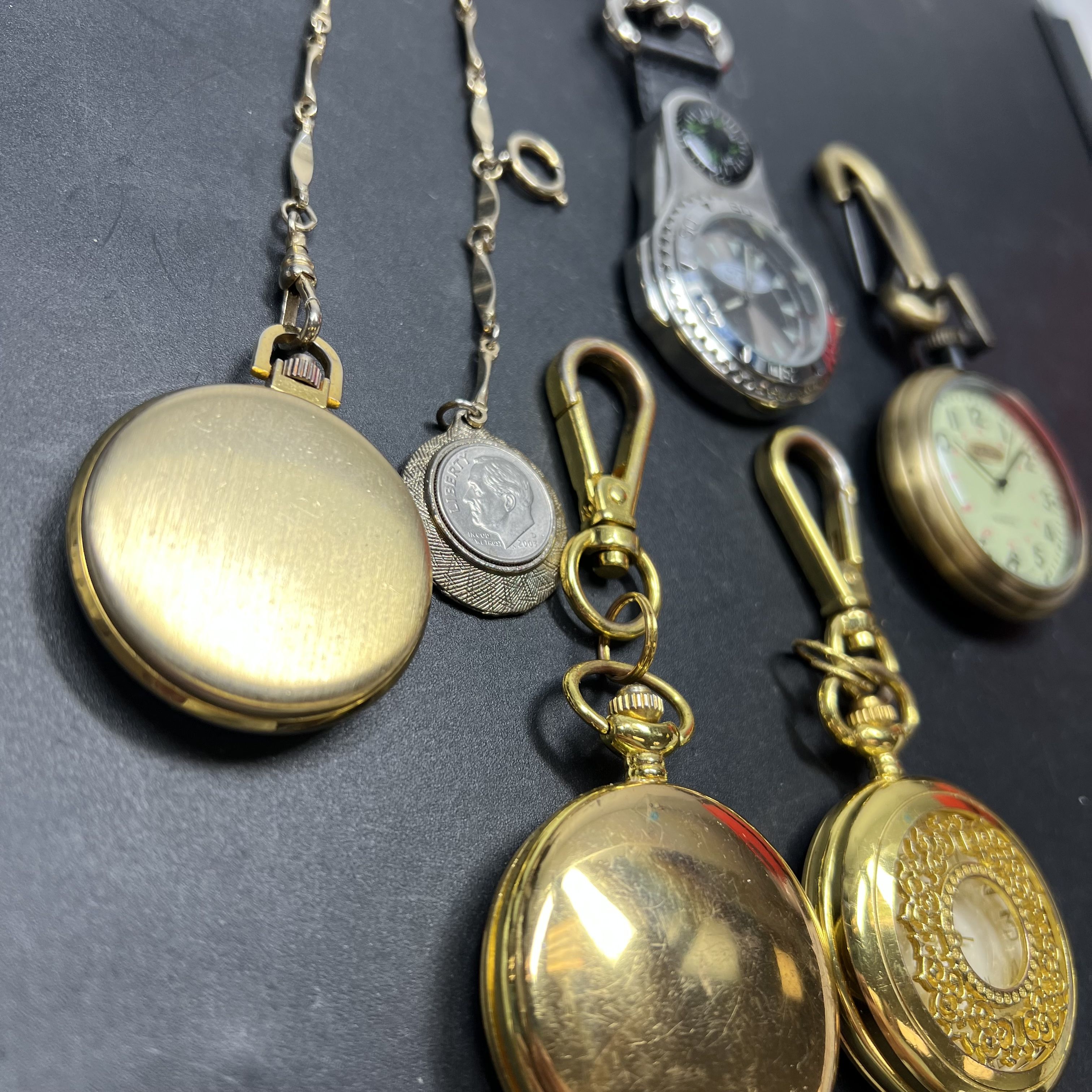 Lot of 5 Pocket Watches Clips Gold Tone Styles Vary UNTESTED