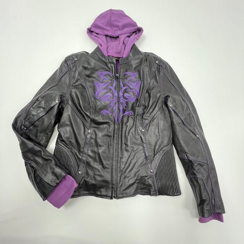 Milwaukee Leather Black Purple Embroidered Tribal Hooded Biker Jacket Women's XL