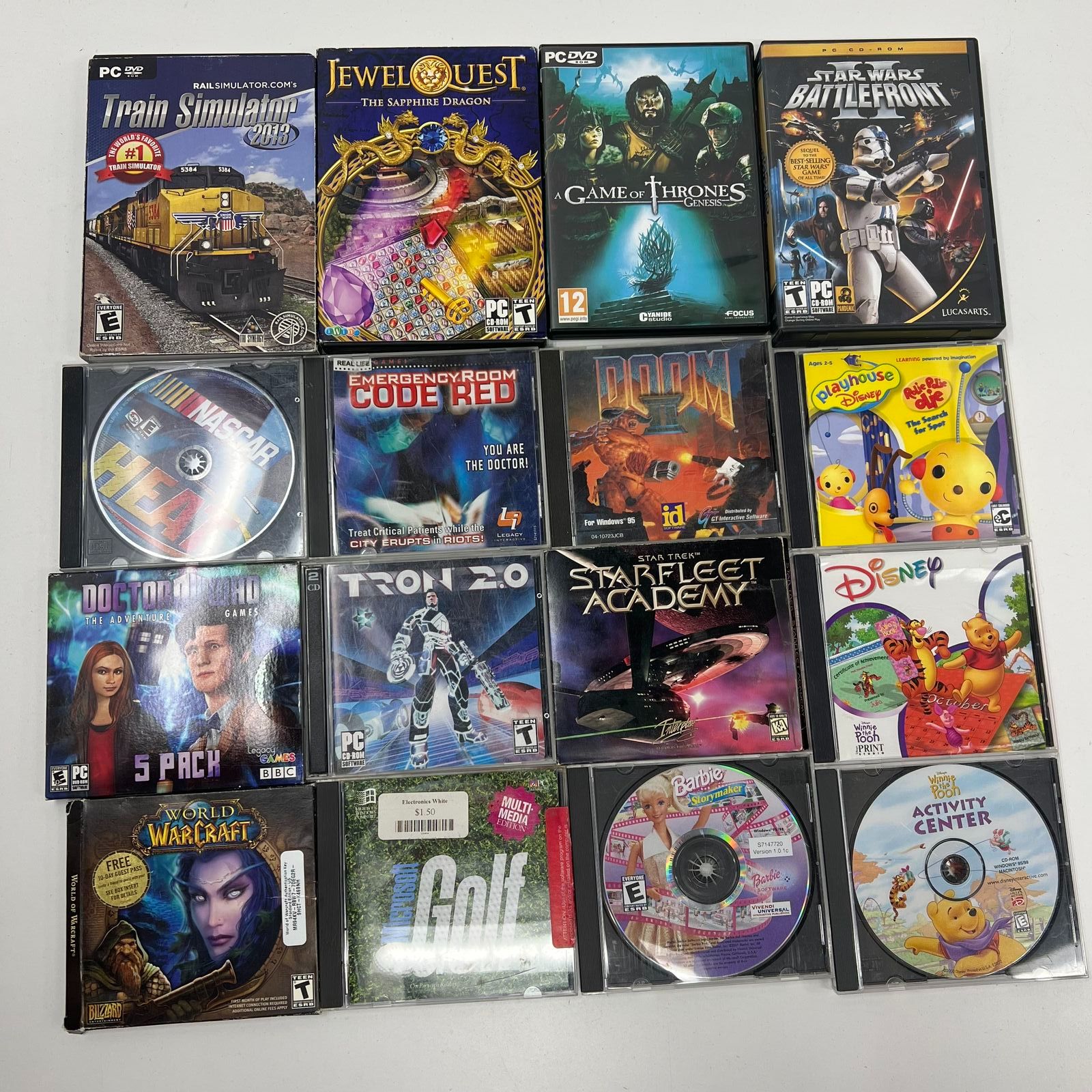 Lot of 16 PC DVD Rom Games Star Trek Train Simulator Star Wars Tron 2.0 Dr. Who