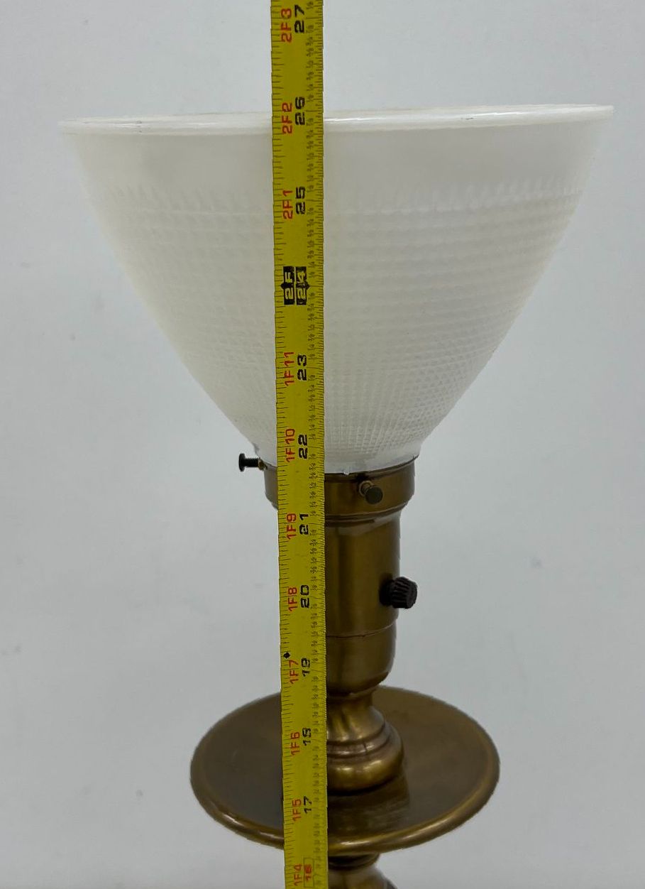 Vintage Brass Spindle Table Lamp Ribbed White Glass Shade 22" Tested Working