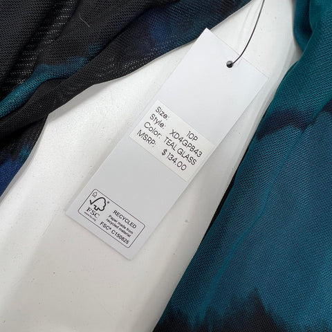 DKNY NWT Teal Glass Abstract Print Ruched Mesh Sleeve Sheath Dress Sz 10P