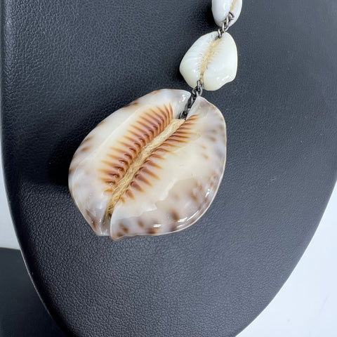 Vintage Cowrie & Conch Shell Y-Necklace Sterling Silver Chain Bohemian Style