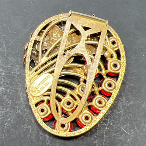 Vintage 1940s B. Blumenthal Red Rhinestone Floral Fur Dress Clip Signed Retro