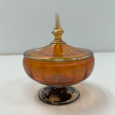 Vintage Marigold Carnival Glass Ribbed Lidded Candy Dish Compote