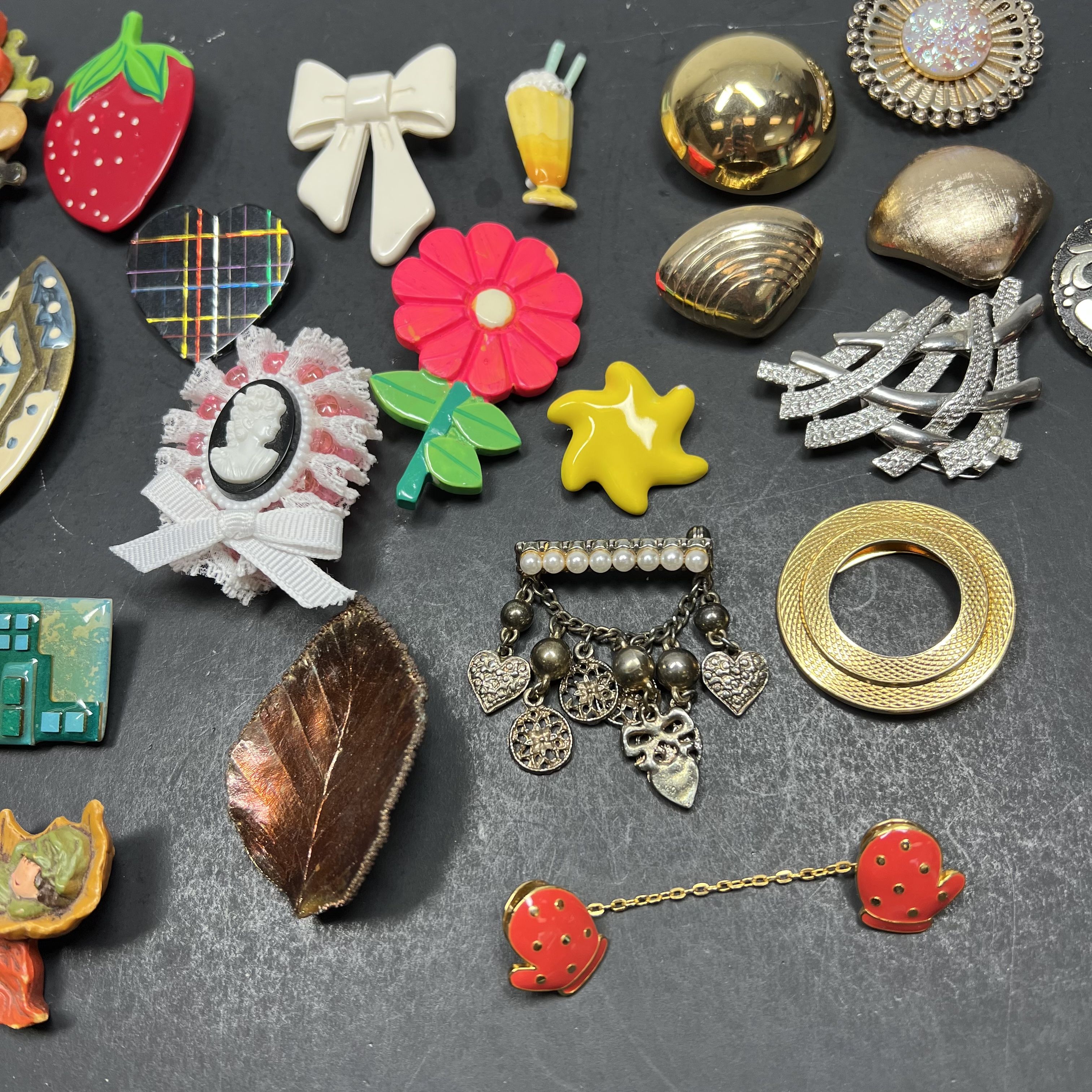 Assorted Styles Brooches Pins Scarf Clips Gold Silver Tone Sock Monkey Food Bow