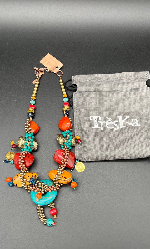 Treska Chunky Statement Necklace Multi Color Bead Bohemian Copper Tone NWT